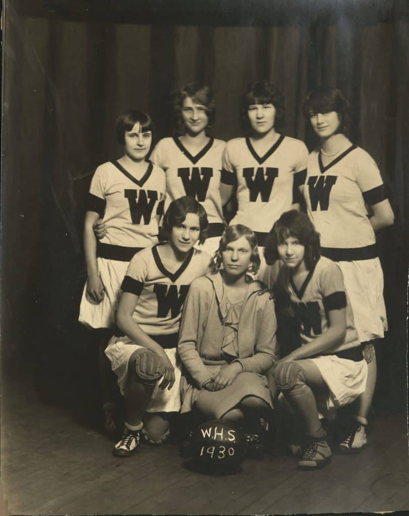 Coach Melba Gardemann and Whitten High School girls’ basketball team, 1930.