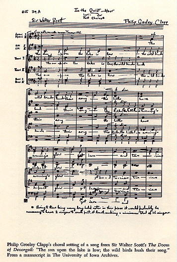 Philip Groeley Clapp's choral setting of n song from Sir Walter Scott's The Doom of Decorgoll: "The sun upon the lake is low; the wild birds hush their song." From a manuscript in The University of Iowa Archives.