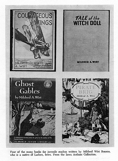 Book covers: "Courageous Wings," "Tale of the Witch Doll," "Ghost Gables," and "Pirate Brig," by Mildred A. Wirt.